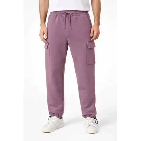 Erkek Baggy Üç İplik Kargo Cepli Eşofman Ayarlanabilir Paça Beli İpli Pantolon - Gül Kurusu