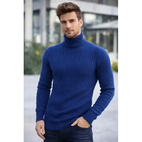 Erkek Balıkcı Yaka Bağazlı Triko Kazak Pamuklu Kalın Fitilli Dokuma, Regular Fit Uzun Kollu Kışlık Model - İndigo