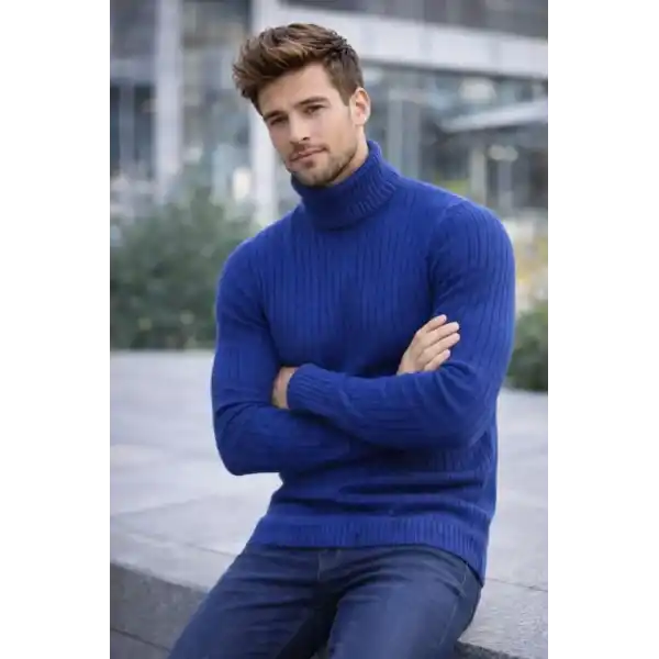 Erkek Balıkcı Yaka Bağazlı Triko Kazak Pamuklu Kalın Fitilli Dokuma, Regular Fit Uzun Kollu Kışlık Model - İndigo