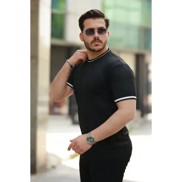 Erkek Bisiklet Yaka çizgi Desenli Ribanalı Kısa Kollu Tshirt