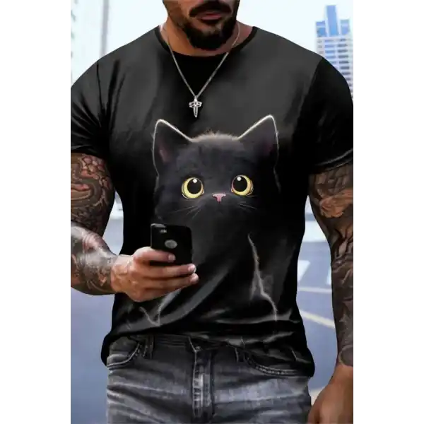 Erkek Bisiklet Yaka Kedi Baskılı Süprem T-shirt