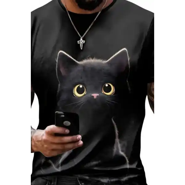 Erkek Bisiklet Yaka Kedi Baskılı Süprem T-shirt