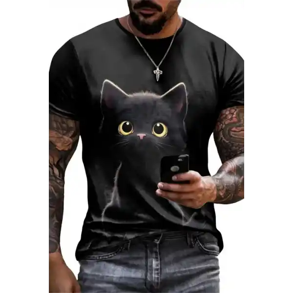 Erkek Bisiklet Yaka Kedi Baskılı Süprem T-shirt