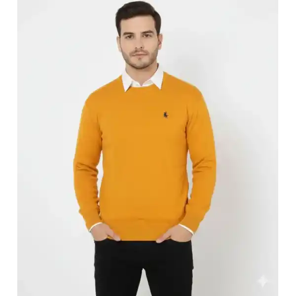 Erkek Bisiklet Yaka Nakış Işlemeli Triko Kazak Yumuşak Dokulu Pamuklu Ince Dokuma, Uzun Kollu Rahat Regular Kalıp - Turuncu