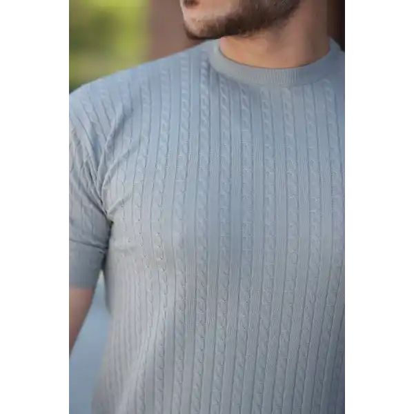 Erkek Bisiklet Yaka örgü Desenli Kısa örme Triko Kısa Kollu T-shirt