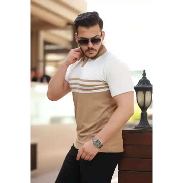 Erkek çizgi Desenli Yakalı Kısa Kollu T-shirt