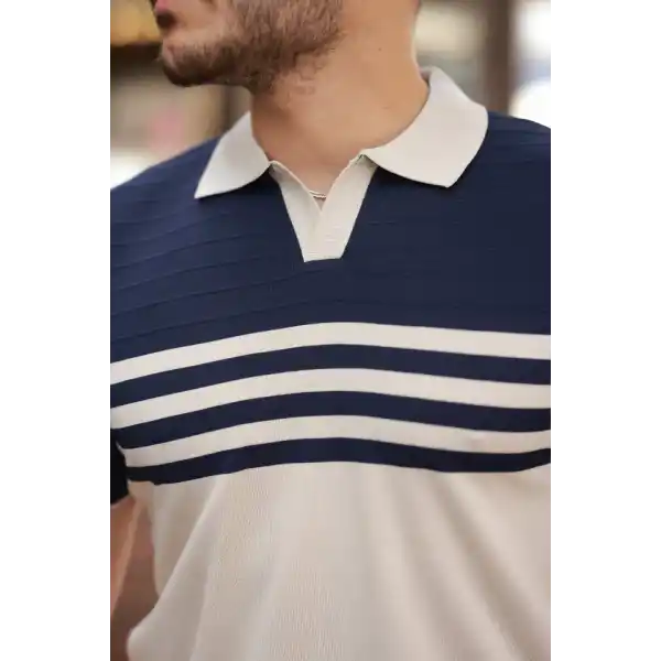 Erkek çizgi Desenli Yakalı Kısa Kollu T-shirt