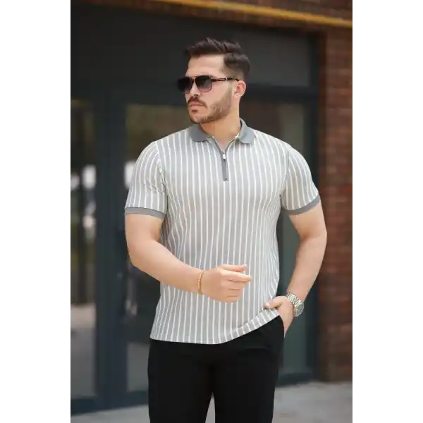 Erkek çizgili Fermuar Yakalı Kısa Kollu Tişört