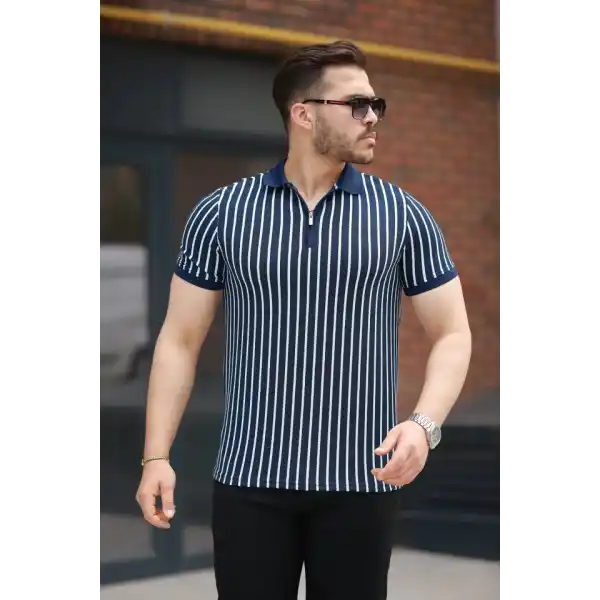 Erkek çizgili Fermuar Yakalı Kısa Kollu Tişört