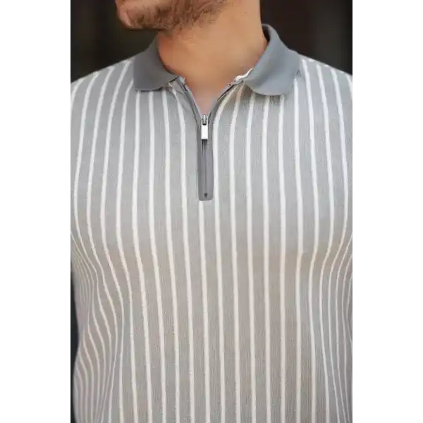 Erkek çizgili Fermuar Yakalı Kısa Kollu Tişört