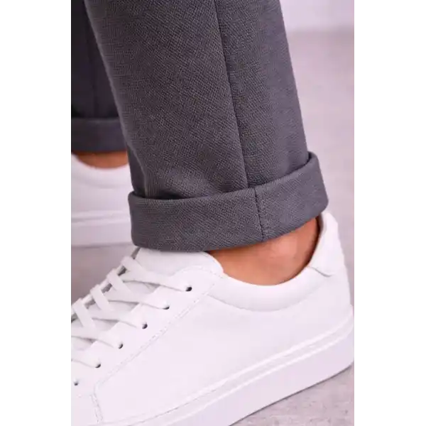 Erkek Diagonel Mikro Dokulu Duble Paça Cepli Pantolon Bağcıklı Bel, Modern Kesim - Füme