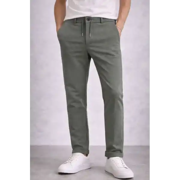 Erkek Diagonel Mikro Dokulu Duble Paça Cepli Pantolon Bağcıklı Bel, Modern Kesim - Haki