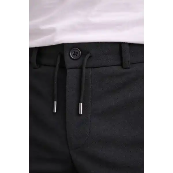 Erkek Diagonel Mikro Dokulu Duble Paça Cepli Pantolon Bağcıklı Bel, Modern Kesim - Siyah