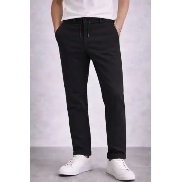 Erkek Diagonel Mikro Dokulu Duble Paça Cepli Pantolon Bağcıklı Bel, Modern Kesim - Siyah