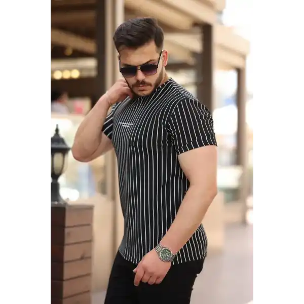 Erkek Dikey çizgili Ottoman Kumaş Kısa Kollu T-shirt