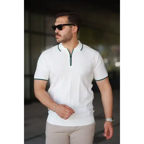 Erkek Dikey Kabartmalı Örgü Dokulu Fermuar Yakalı Tişört