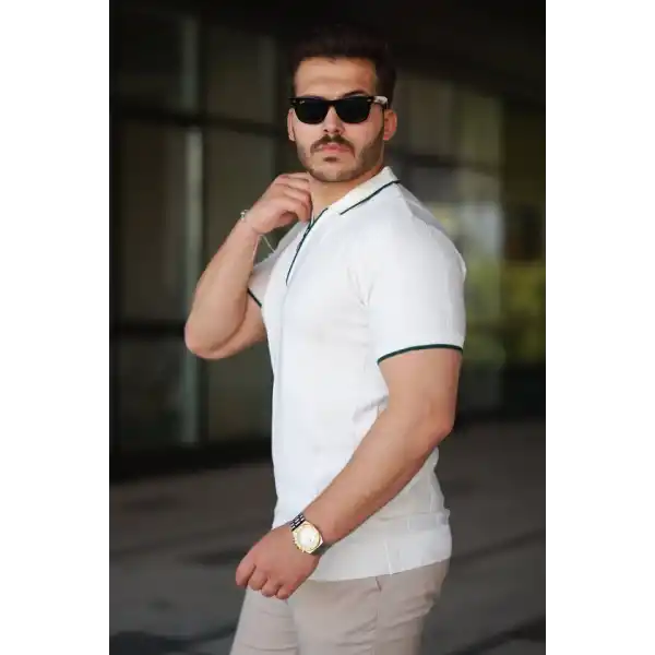 Erkek Dikey Kabartmalı Örgü Dokulu Fermuar Yakalı Tişört