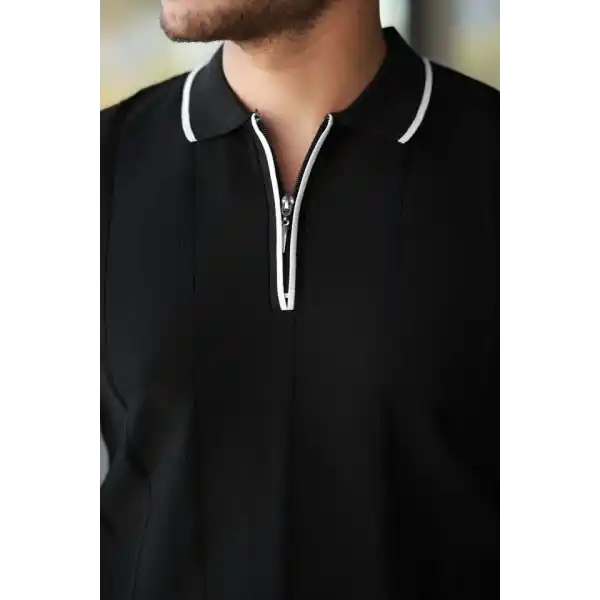 Erkek Dikey Kabartmalı Örgü Dokulu Fermuar Yakalı Tişört