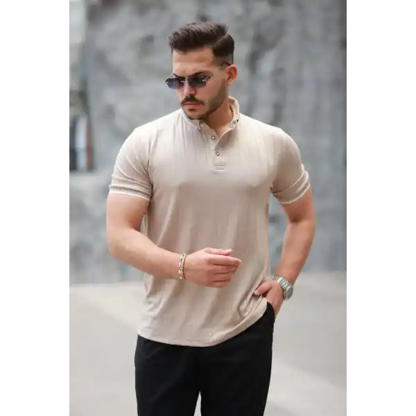 Erkek Düğme Yakalı Jakar Kumaş Kısa Kollu Tişört