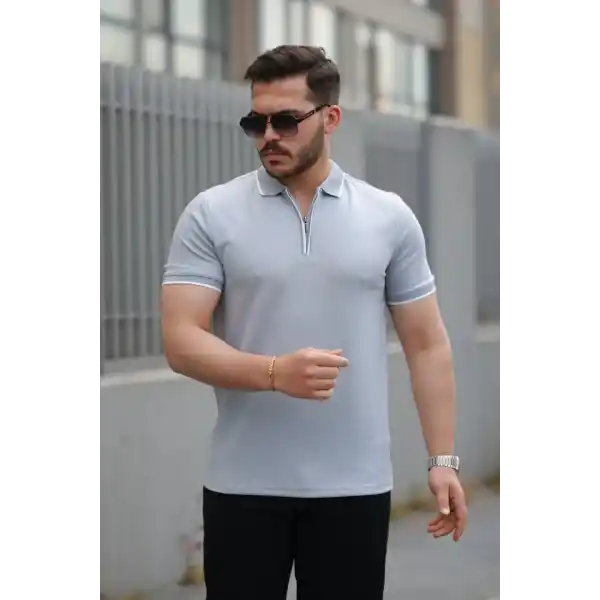 Erkek Fermuar Yakalı çizgi Detaylı Kısa Kollu Tişört