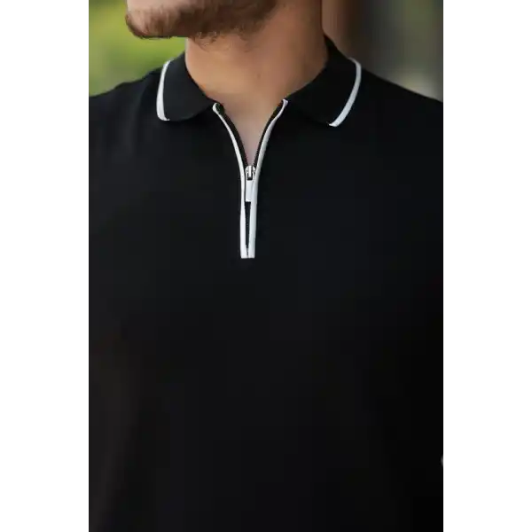 Erkek Fermuar Yakalı çizgi Detaylıkısa Kollu Tişört