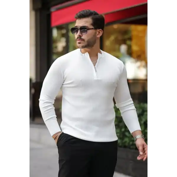 Erkek Fermuarlı Bisiklet Yaka Dokulu Uzun Kollu Triko