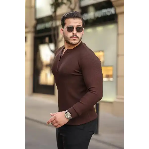 Erkek Fermuarlı Bisiklet Yaka Dokulu Uzun Kollu Triko