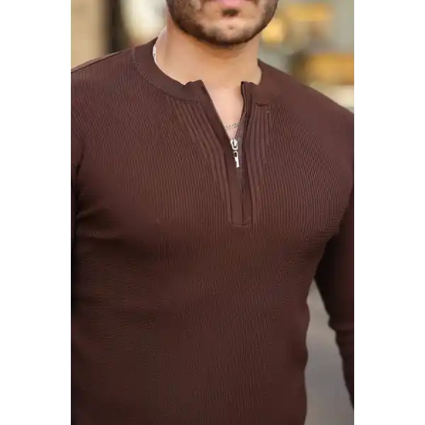 Erkek Fermuarlı Bisiklet Yaka Dokulu Uzun Kollu Triko