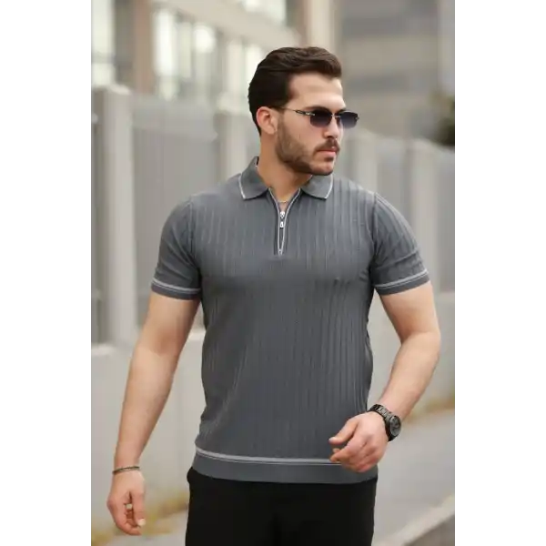 Erkek Fermuarlı Yakalı Kısa Kollu T-shirt