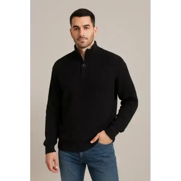 Erkek Fitilli Triko Kazak 2’li Set – Siyah - Bej Kalın Dokuma Pamuklu Regular Fit V Yaka Fermuarlı Uzun Kollu Rahat Kışlık Kazak Kombini