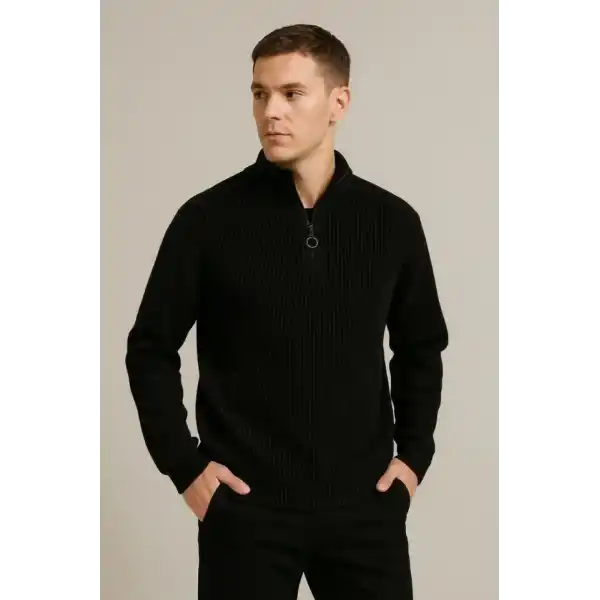 Erkek Fitilli Triko Kazak 2’li Set – Siyah - Bej Kalın Dokuma Pamuklu Regular Fit V Yaka Fermuarlı Uzun Kollu Rahat Kışlık Kazak Kombini