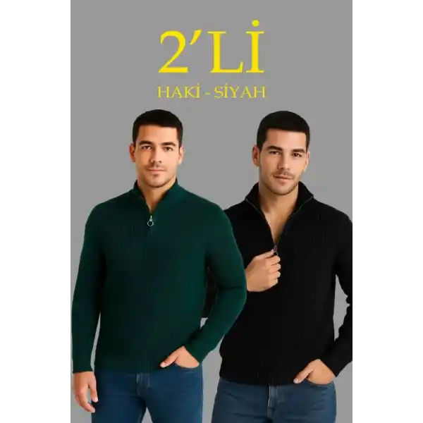 Erkek Fitilli Triko Kazak 2’li Set – Siyah - Haki Kalın Dokuma Pamuklu Regular Fit V Yaka Fermuarlı Uzun Kollu Rahat Kışlık Kazak Kombini