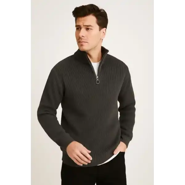 Erkek Fitilli Triko Kazak 3’lü Set – Haki, Siyah, Antrasit Kalın Dokuma Pamuklu Regular Fit V Yaka Fermuarlı Uzun Kollu Rahat Kışlık Kazak Kombini