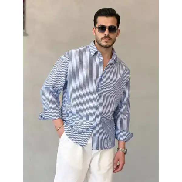 Erkek İnce Çizgili Gofre Kumaş Rahat Kalıp Gömlek