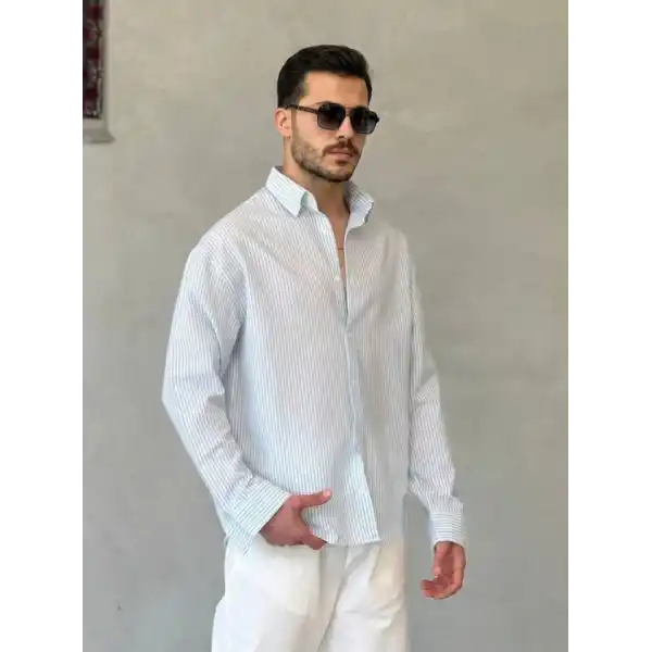 Erkek İnce Çizgili Gofre Kumaş Rahat Kalıp Gömlek