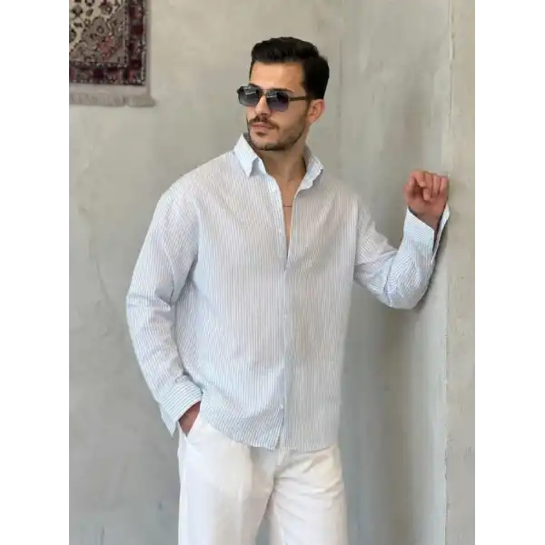 Erkek İnce Çizgili Gofre Kumaş Rahat Kalıp Gömlek