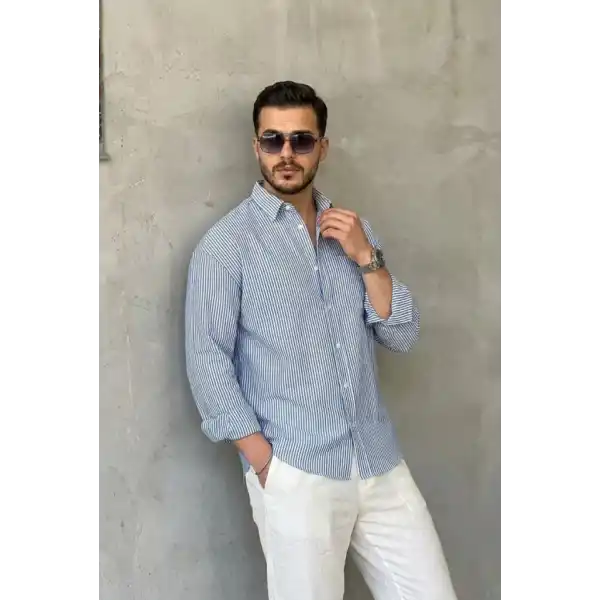 Erkek İnce Çizgili Gofre Kumaş Rahat Kalıp Gömlek