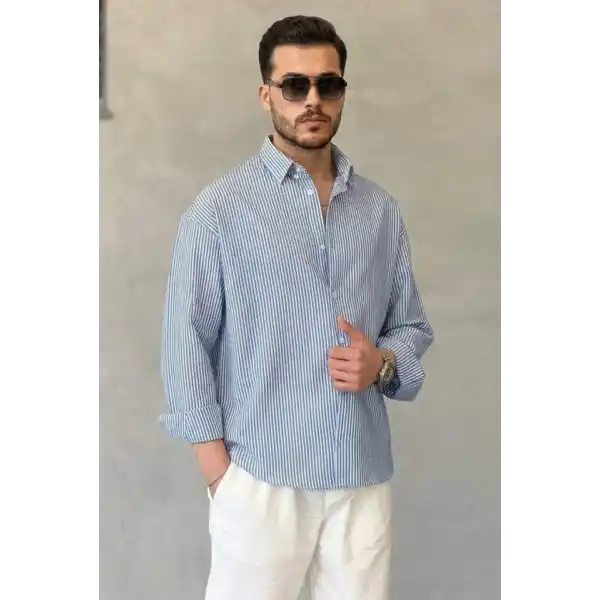 Erkek İnce Çizgili Gofre Kumaş Rahat Kalıp Gömlek