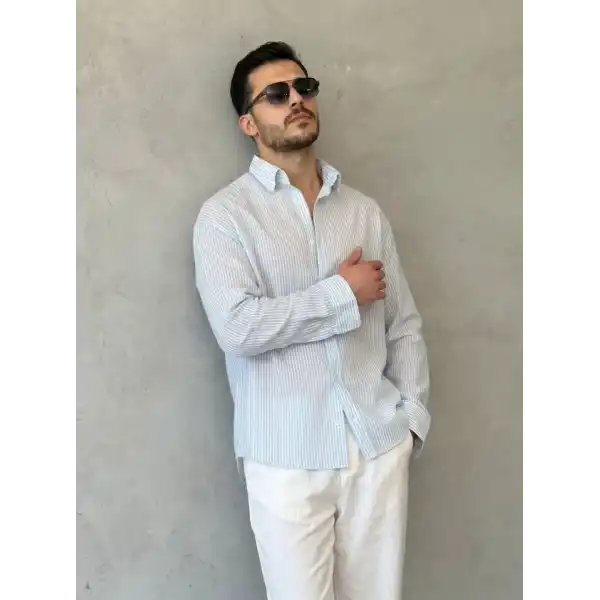 Erkek İnce Çizgili Gofre Kumaş Rahat Kalıp Gömlek