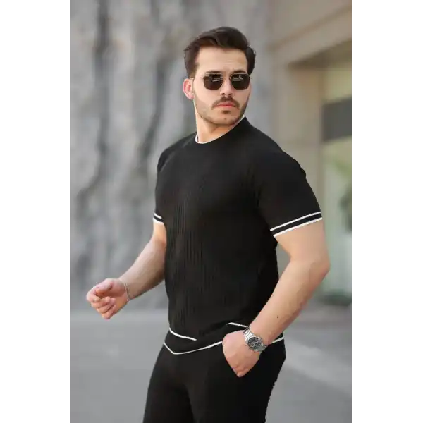 Erkek Jakarlı Ribanalı Kısa Kollu T-shirt