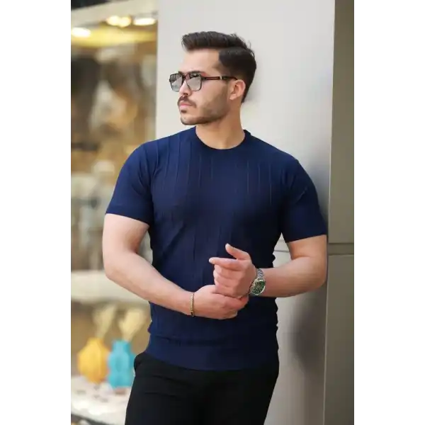 Erkek Kısa Kollu Bisiklet Yaka çizgili Triko Tişört