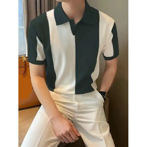 Erkek Kısa Kollu Polo Yakalı Blok Desenli Triko Tişört