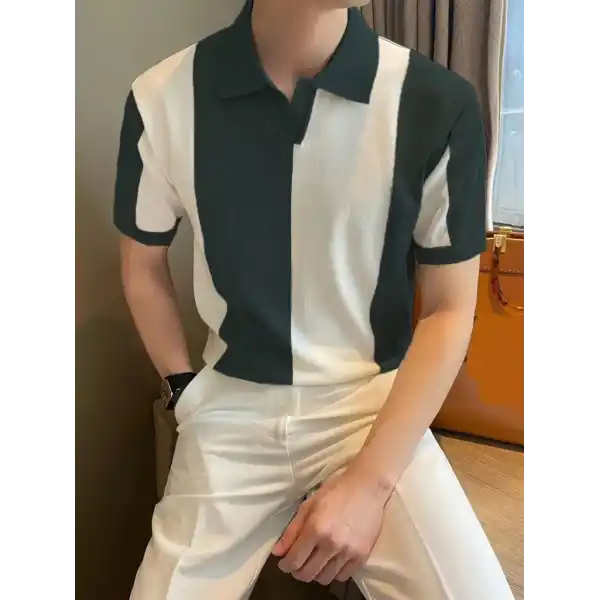 Erkek Kısa Kollu Polo Yakalı Blok Desenli Triko Tişört