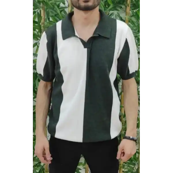 Erkek Kısa Kollu Polo Yakalı Blok Desenli Triko Tişört