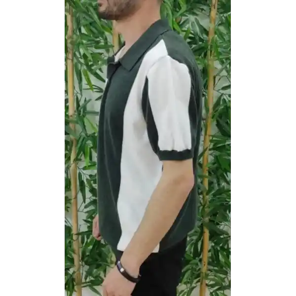 Erkek Kısa Kollu Polo Yakalı Blok Desenli Triko Tişört