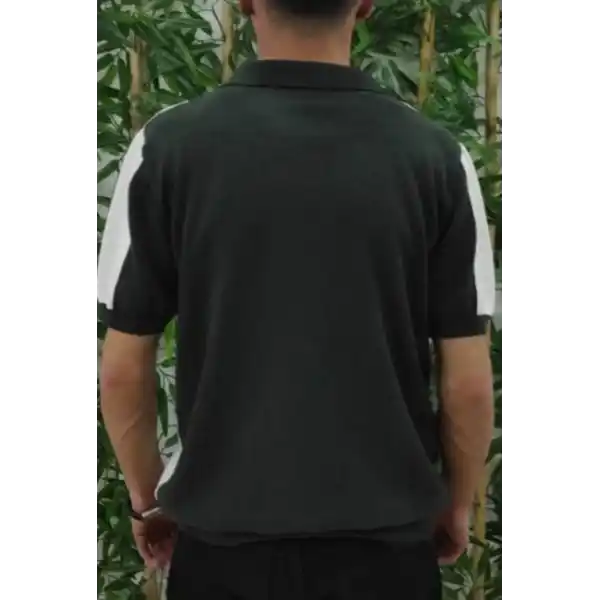 Erkek Kısa Kollu Polo Yakalı Blok Desenli Triko Tişört