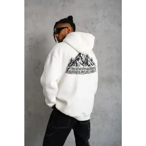 Erkek Nihilist Penguen Temalı Oversize Kapüşonlu Sweatshirt - Beyaz