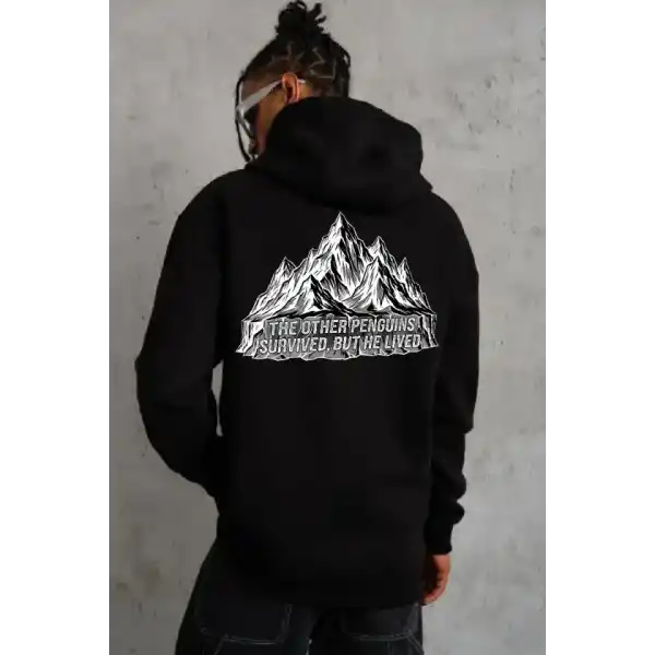Erkek Nihilist Penguen Temalı Oversize Kapüşonlu Sweatshirt - Siyah