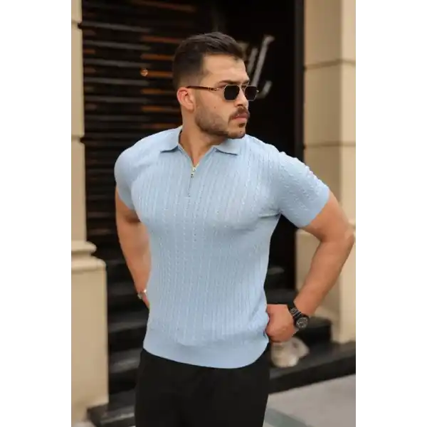 Erkek Örgü Desen Fermuar Yakalı Triko Tişört
