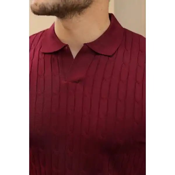 Erkek Örgü Desen Yakalı Kısa Kollu Triko Tişört